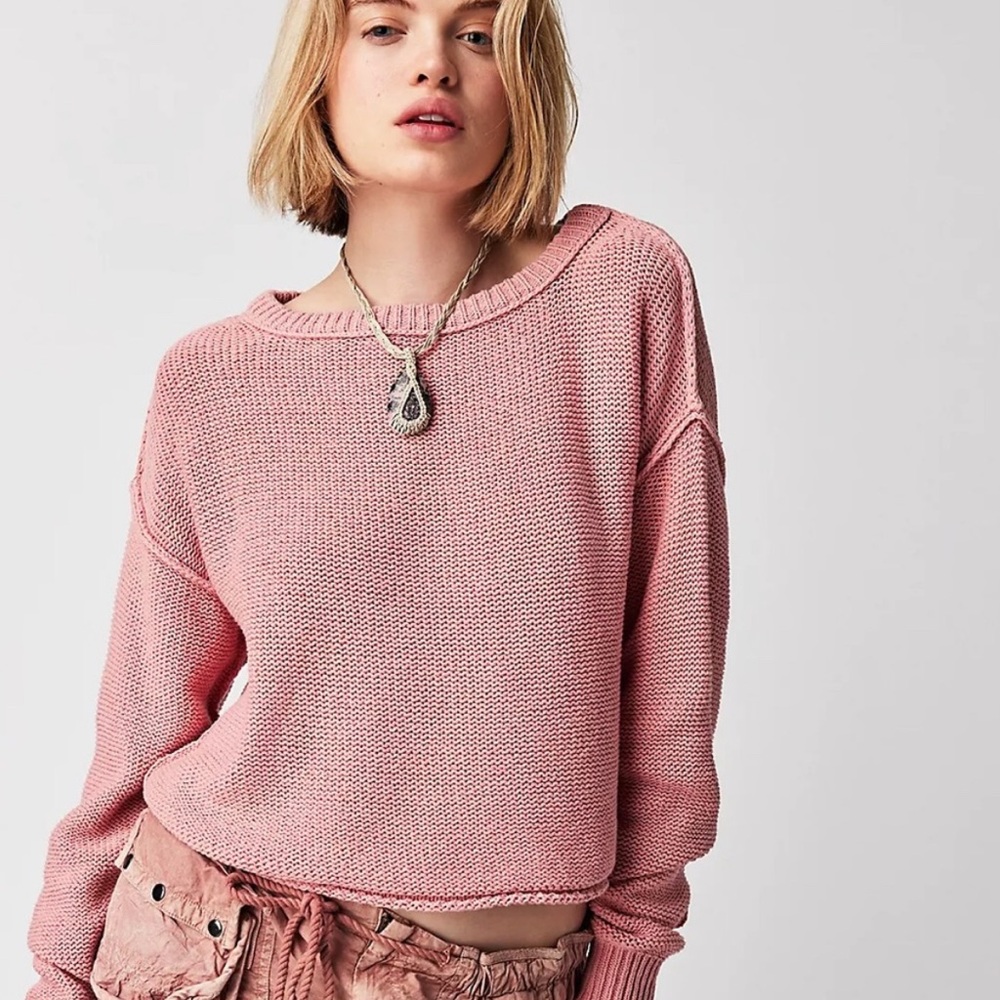 Free People Inside Out Pullover Rosetta Pink 100% Cotton Oversized Cropped XL